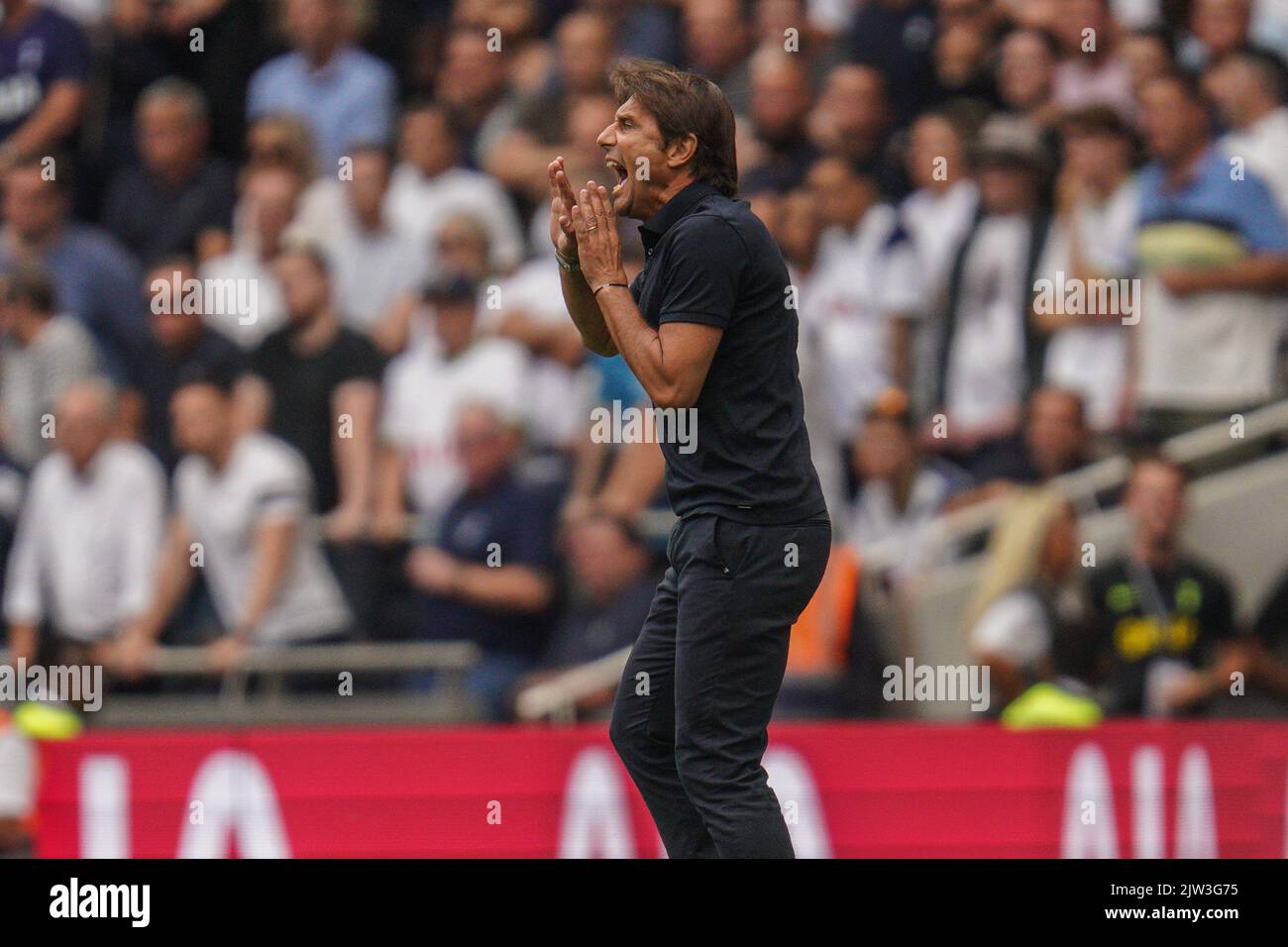 Antonio Conte-Manager von Tottenham Hotspur reagiert während des Premier-League-Spiels Tottenham Hotspur gegen Fulham im Tottenham Hotspur Stadium, London, Großbritannien, 3.. September 2022 (Foto: Richard Washbrooke/News Images) Stockfoto