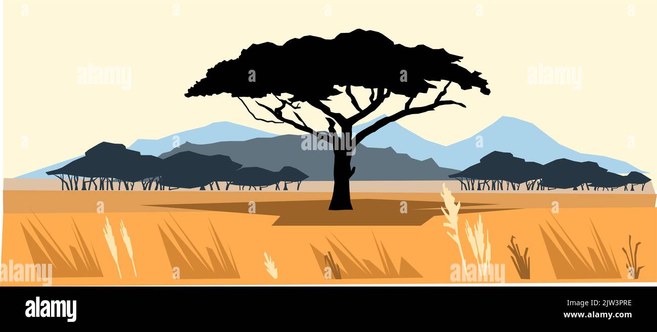 Ebenen und Berge. Afrikanische Savannenlandschaft. Silhouettenbild. Akazienbaum aus Afrika. Vektor Stock Vektor