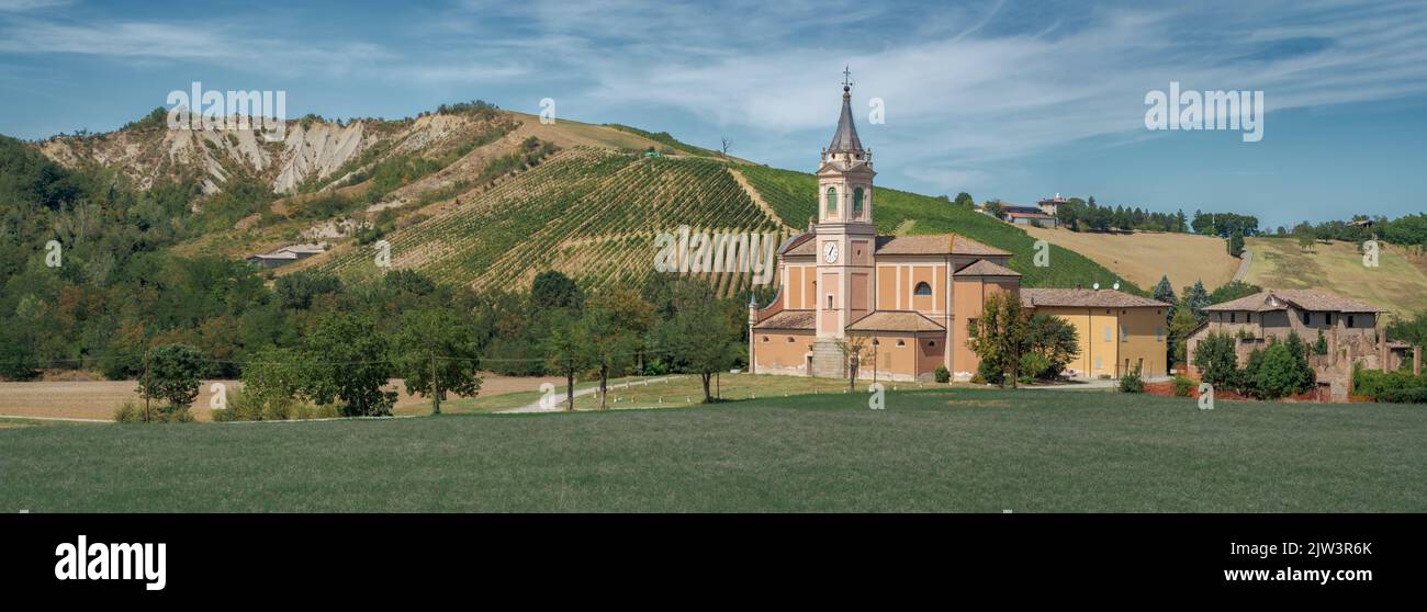 Weizenfeld, Kirche und altes ruiniertes Haus an einem Bergrücken mit Badlands und Weinbergen. Castello di Serravalle, Bologna, Emilia und Romagna Stockfoto