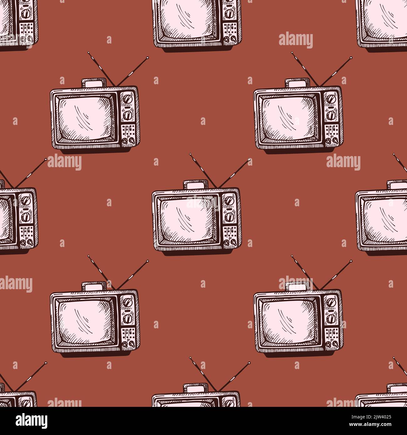 Retro-Fernseher mit gravierten, nahtlosen Antennenmustern. Vintage-Fernseher im handgezeichneten Stil. Skizzenstruktur für Stoff, Tapete, Textil, Druck, Titel, Stock Vektor