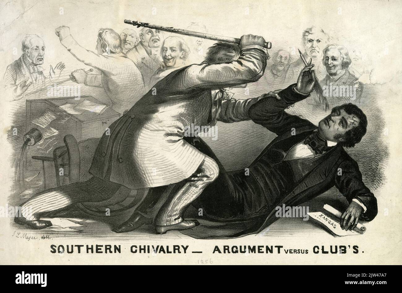 Die parteiische Gewalt über die Sklaverei-Frage kam im Mai 1856 in den Kongress, als der Free Soil-Senator Charles Sumner von der Demokratischen Republik Preston Brooks in der Senatskammer mit einem Gehstock angegriffen wurde. Stockfoto
