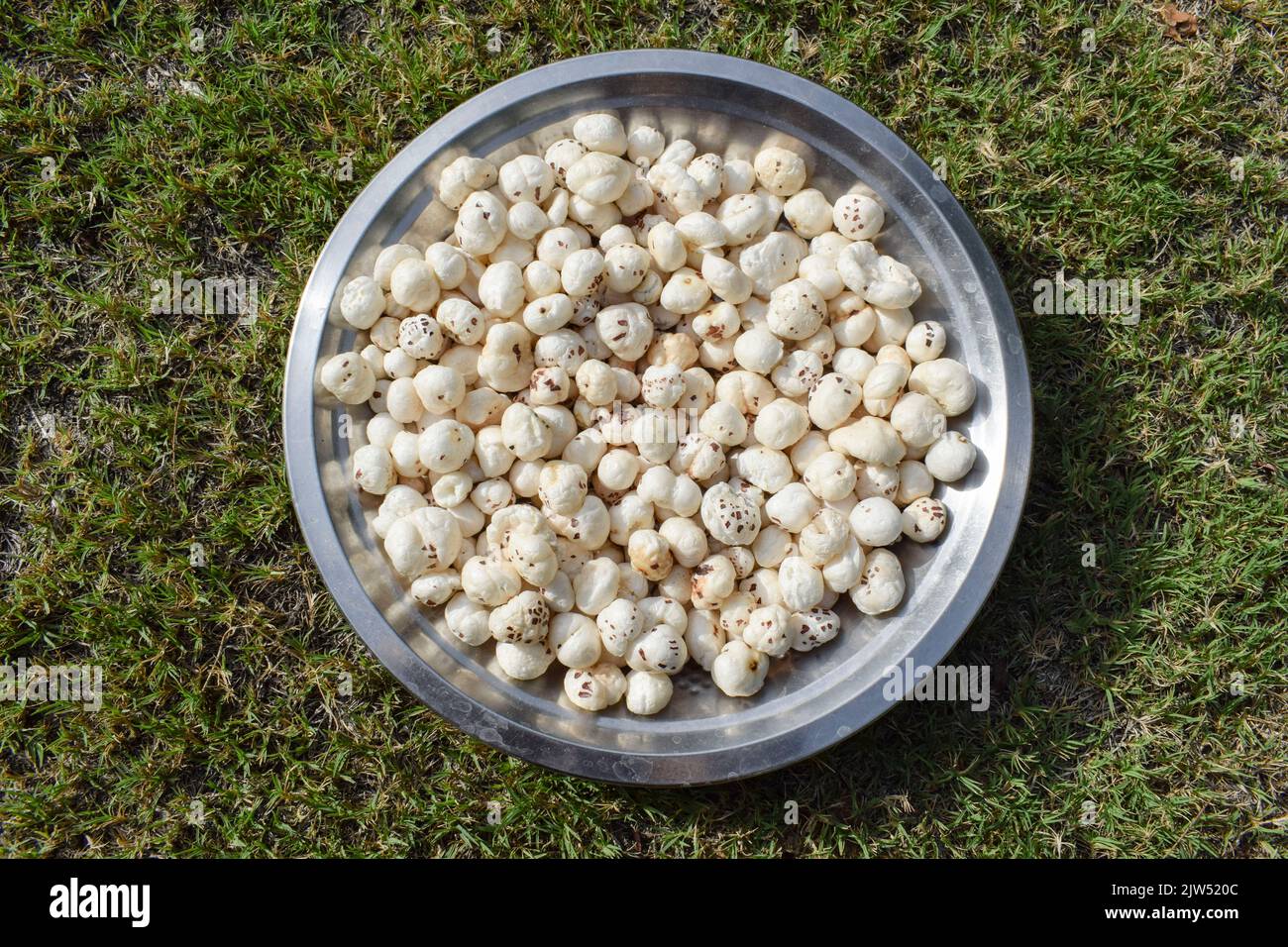 Makhana auch bekannt als Puffed Lotus Samen oder Fuchsnüsse in Platte. Indisches Essen Snack-Artikel für Diäten oder Fasten gegessen Stockfoto