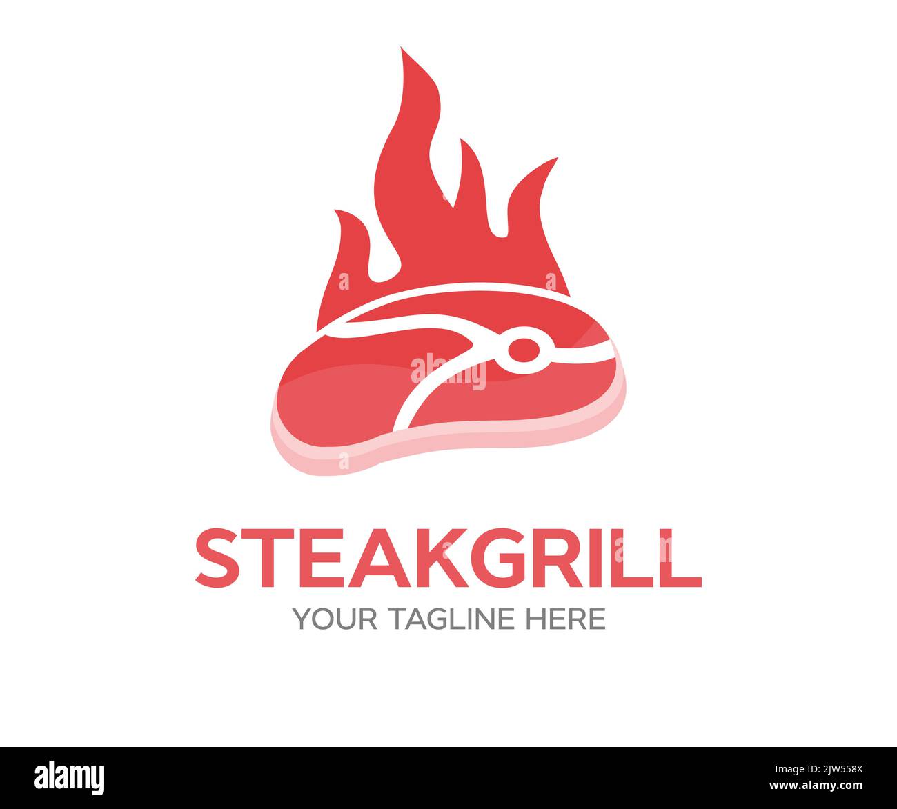 Steak auf dem Grill mit Flammen, BBQ-Logo-Design. Barbecue-Restaurant-Set – Logo-Ikone von Barbecue, Grill und Bar mit Kamin. Logo für Grill und Grill. Stock Vektor