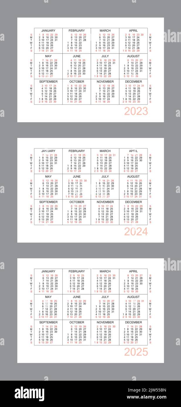 Horizontaler Kalender für 3 Jahre - 2023, 2024, 2025. Einfaches Kalenderraster auf weißem Hintergrund isoliert, Sonntag bis Montag, Geschäftsvorlage. Jährlich c Stock Vektor