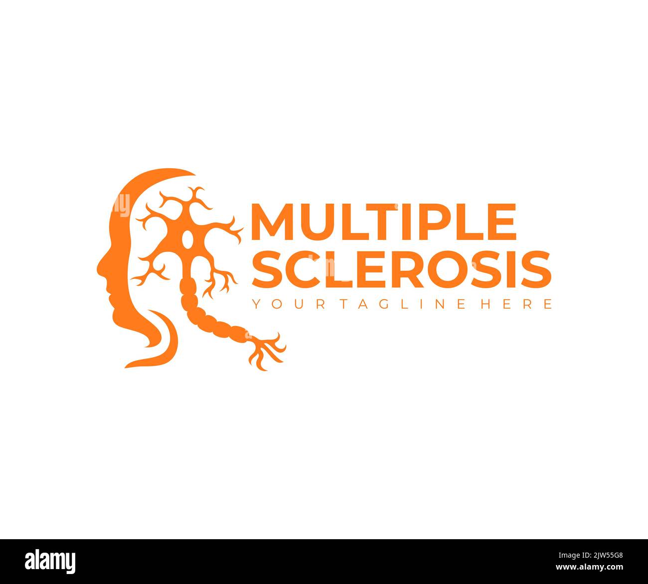 Multiple Sklerose, Autoimmunerkrankung und menschliches Gesicht, Logo-Design. Krankheit, Medizin, Neuron und die Nerven des Gehirns und Rückenmarks, Vektor Stock Vektor