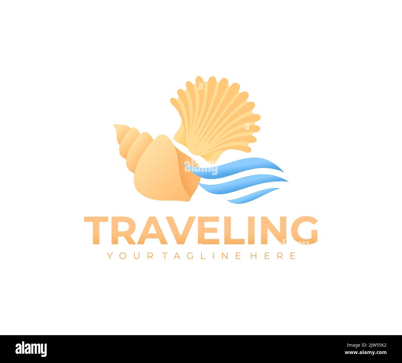 Reisen, Strand, Muscheln und Wellen, Logo-Design. Reisen, Reisen, Meer und Meer, Vektorgrafik und Illustration Stock Vektor