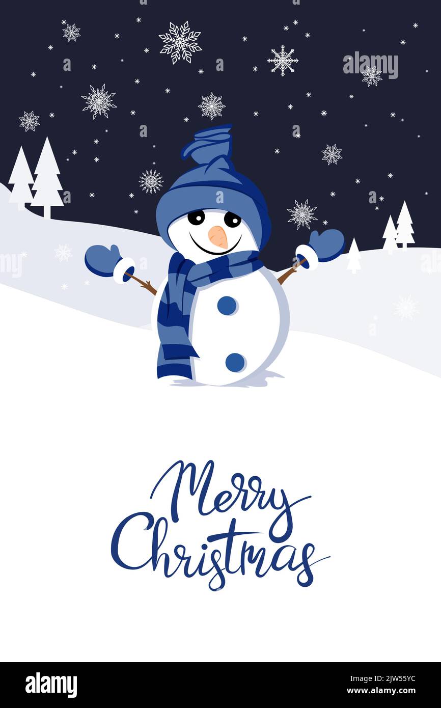 Weihnachts-Grußkarte mit einem niedlichen Schneemann auf Winterhintergrund mit Schneeflocken. Vektor Stock Vektor