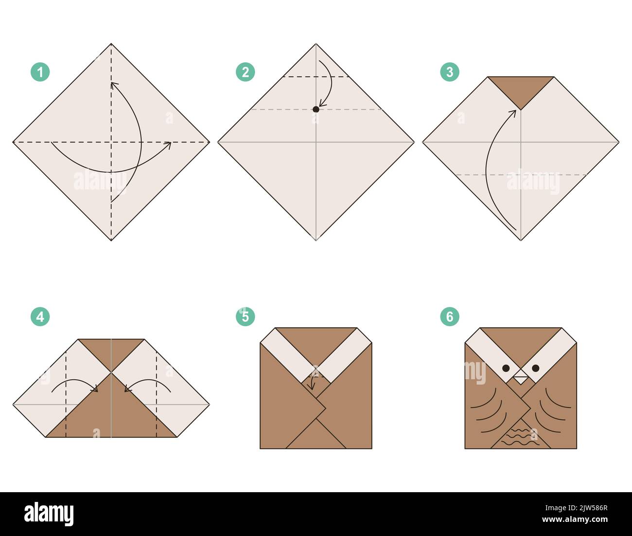 Origami-Tutorial. Origami-Schema für Kinder. Eule Stock Vektor