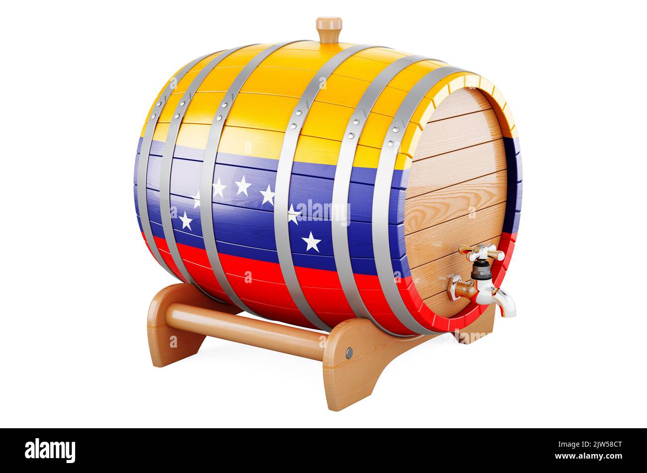 Holzfass mit venezolanischer Flagge, 3D Rendering isoliert auf weißem Hintergrund Stockfoto