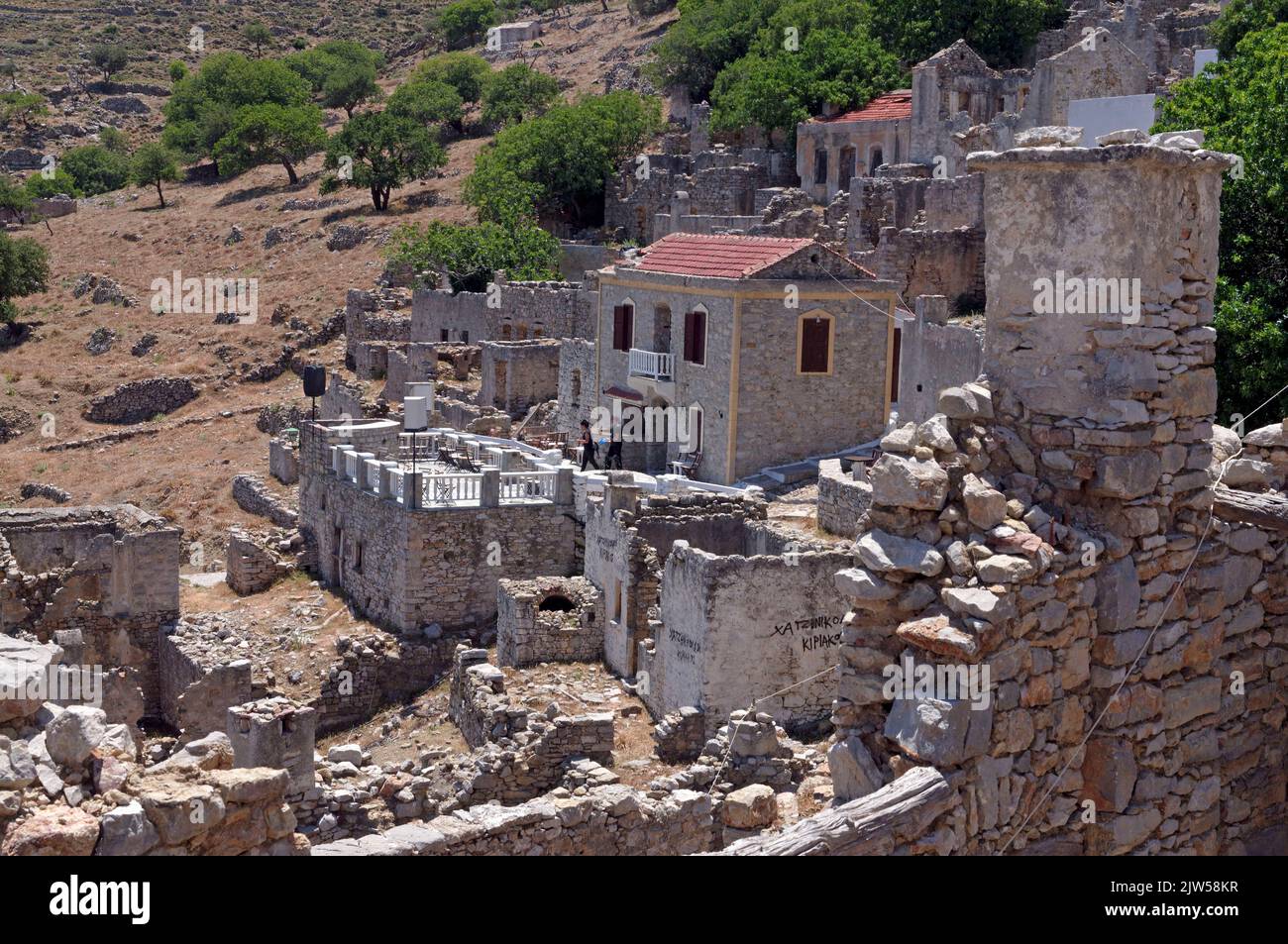 Mikro-Musikbar, verlassene Ortschaft Micro Chorio, Insel Tilos, Dodekanes, Griechenland, EU Stockfoto