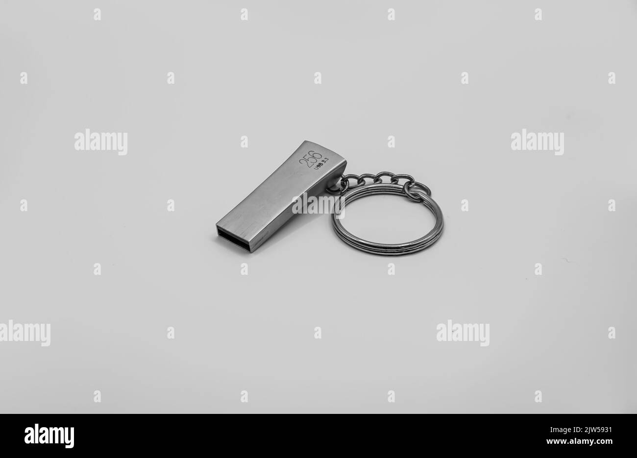 Nahaufnahme eines silbernen 256GB USB 3,1-Sticks mit tragbarem Speichergerät auf einer Schlüsselanhänger-Kette Stockfoto