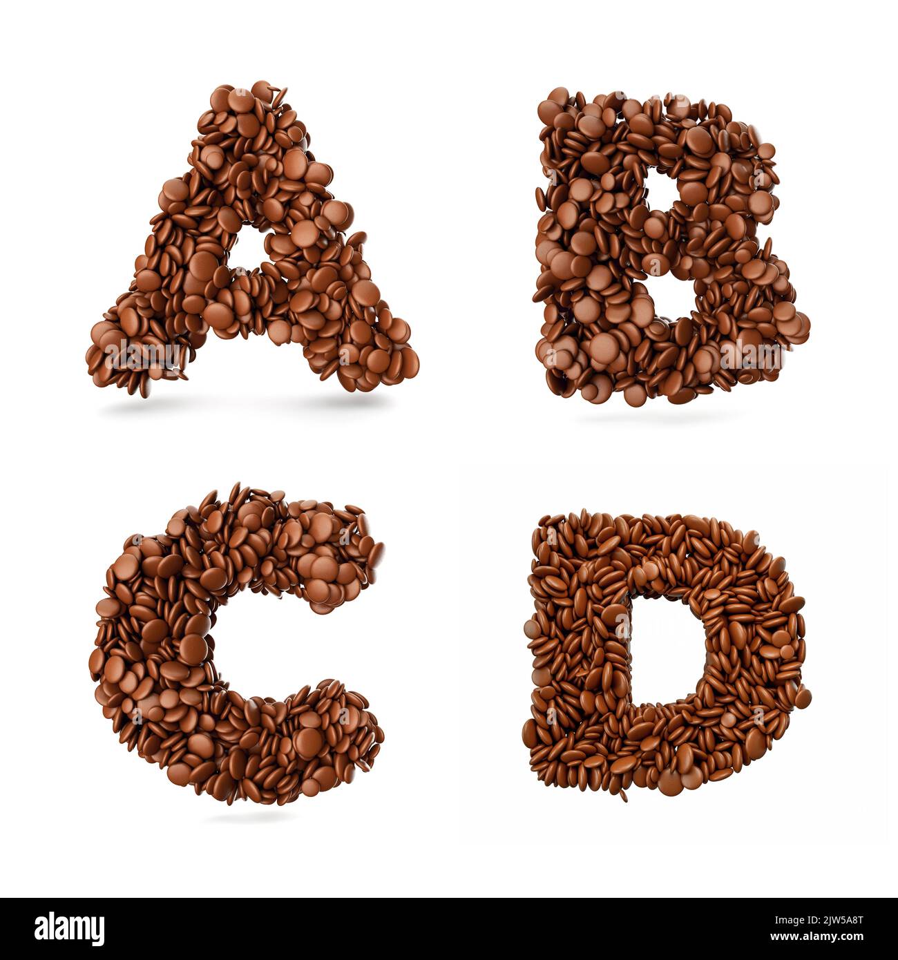 A 3D Darstellung der Buchstaben A B C D aus schokoladenbeschichteten Bohnen Stockfoto