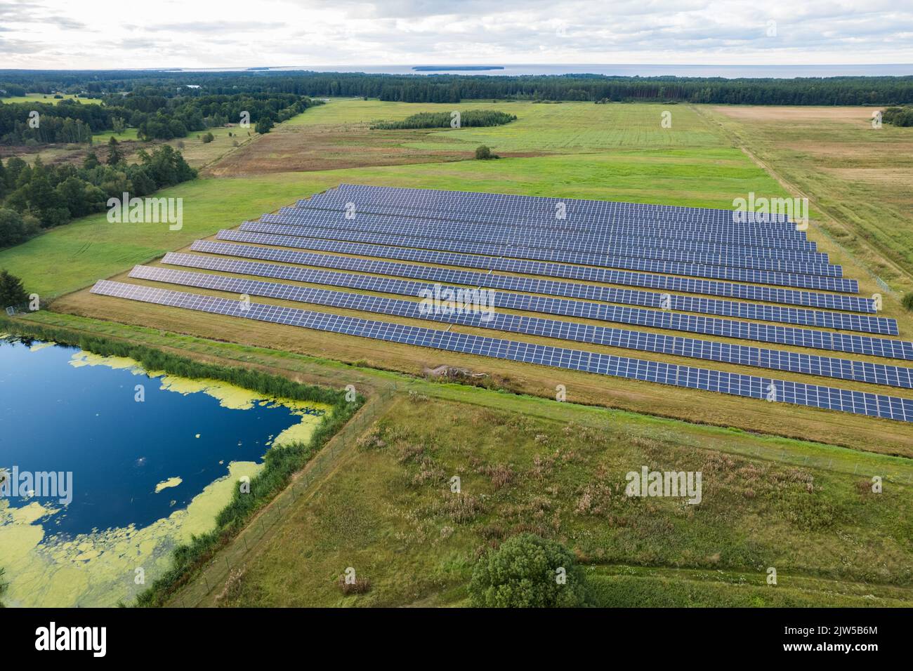 Luftaufnahme von Sonnenkollektoren auf einem grünen Grasfeld. Alternative Energiequelle. Stockfoto