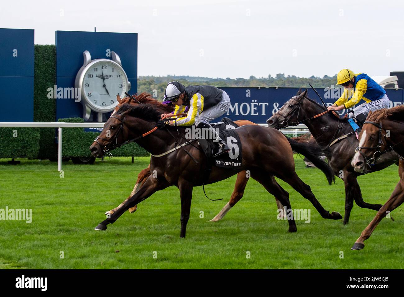 Ascot, Bergen, Großbritannien. 3.. September 2022. Pferd Lethal Nymph (Nummer 6) unter Jockey John Fahy gewinnt den Fever-Tree Handicap Stakes beim Ascot Races September Racing Weekend. Besitzer Trevor Fox. Trainer Clive Cox, Hungerford. Der zweite Platz ging an Mums Tipple unter dem Jockey Daniel Tudhope. Quelle: Maureen McLean/Alamy Live News Stockfoto