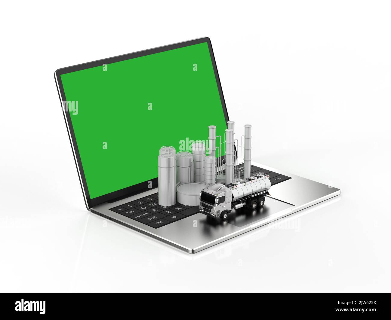 Petroleum Geschäftsinformationen mit 3D Rendering Ölraffinerie und Anhänger LKW auf leerem Bildschirm Computer Notebook Stockfoto