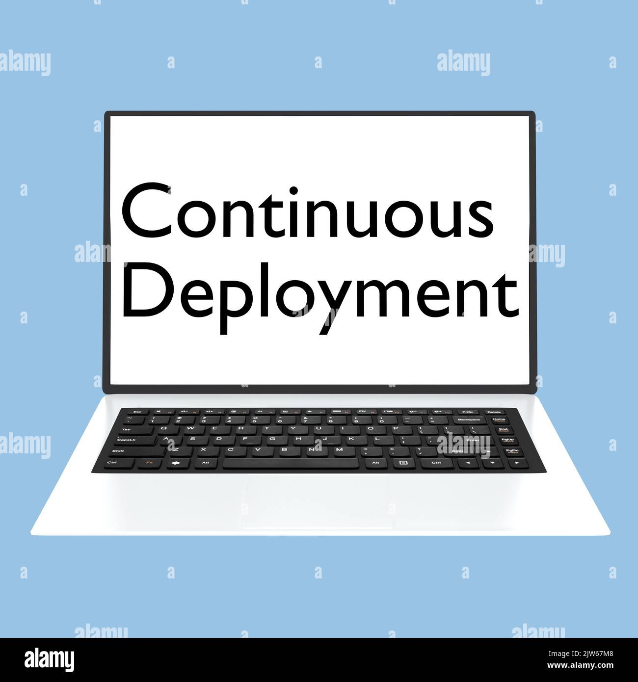 3D Darstellung von Continuous Deploymen auf einem Laptop-Bildschirm, isoliert über hellblau. Stockfoto