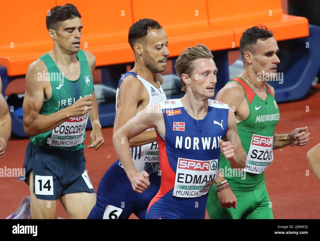 Andrew Coscoran aus Irlande , Azzedine Habz aus Frankreich, Ferdinand Kvan Edman aus Norwegen und Istvan Szogi aus Hongrie während der Leichtathletik-Europameisterschaften 2022 am 15. August 2022 in München, Deutschland - Foto Laurent Lairys / DPPI Stockfoto