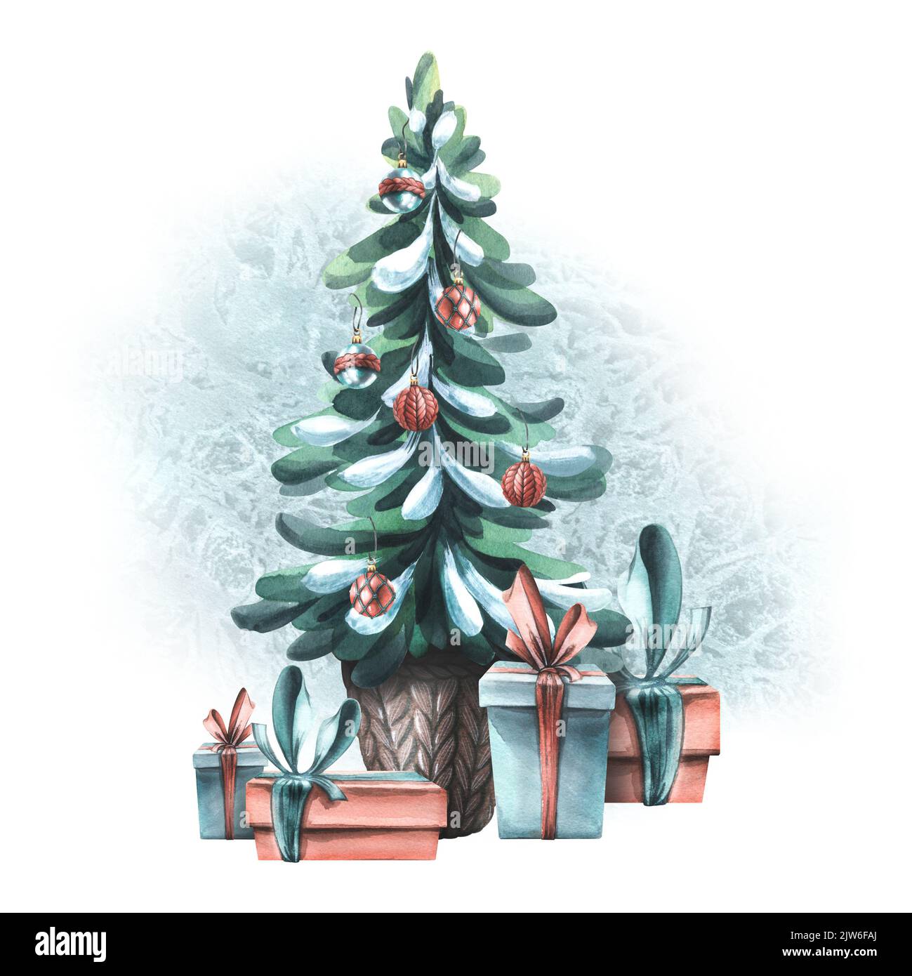 Weihnachtskomposition mit einem Weihnachtsbaum, der mit Luftballons, Geschenken und einem Eisplatz geschmückt ist. Aquarell-Illustration aus einem großen Satz VON GEMÜTLICH Stockfoto