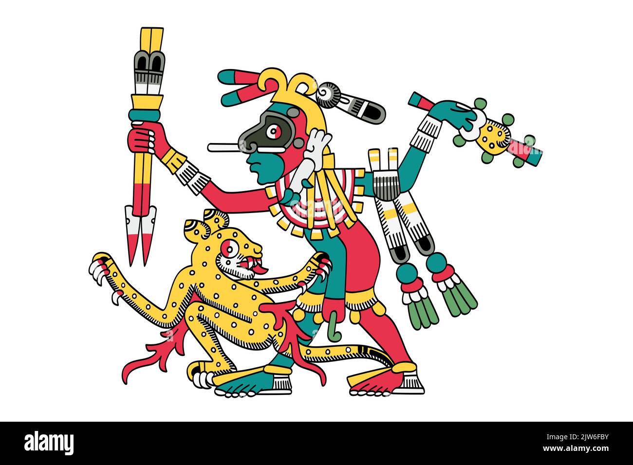 Mixcoatl auf der Jagd nach einem jaguar. Aztekischer gott der Jagd, identifiziert mit der Milchstraße, den Sternen und dem Himmel. Auch bekannt als Camaztle oder Camaxtli. Stockfoto