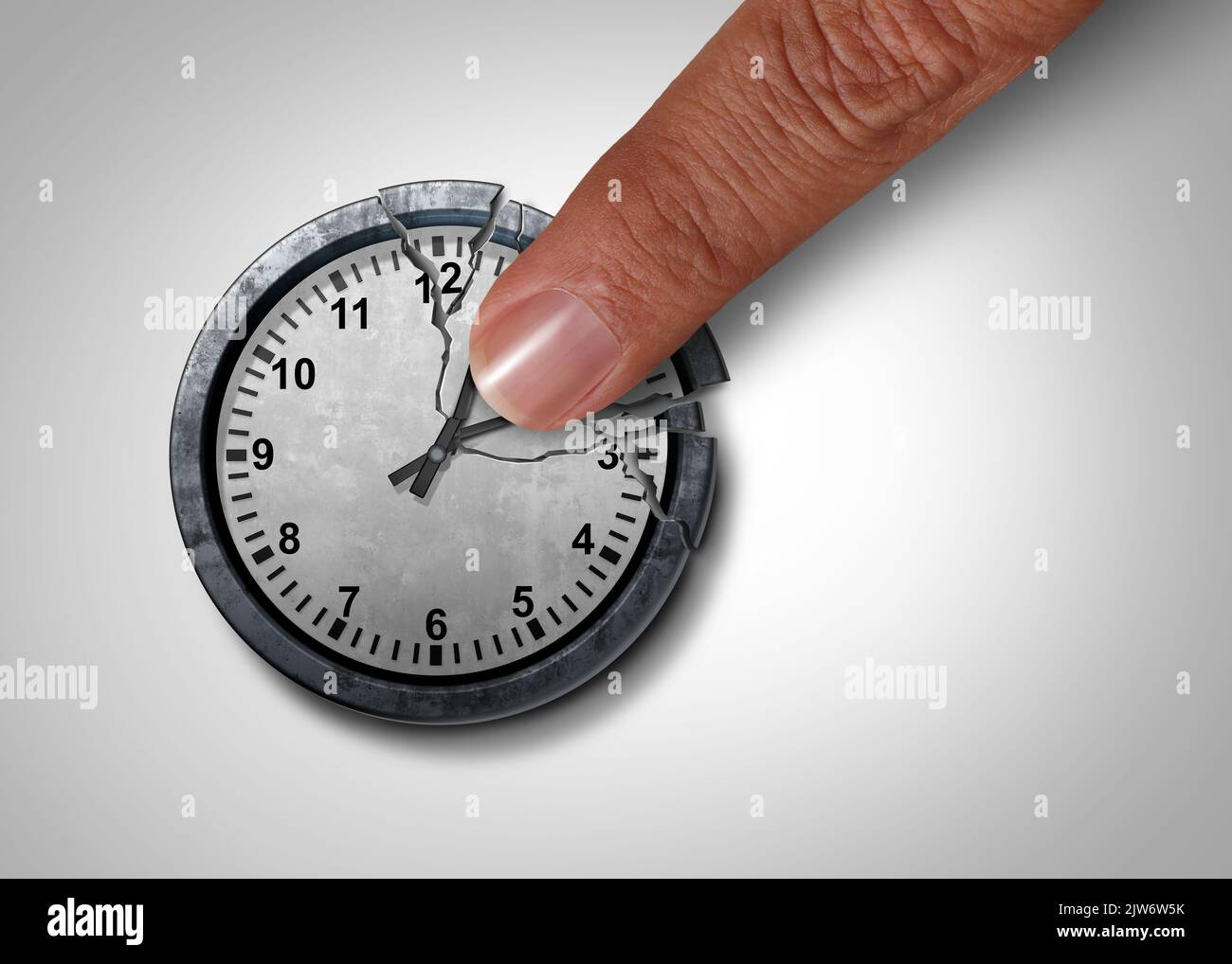 Die Zeit als geschäftliche Metapher für die Kontrolle von Terminen oder Terminen zu stoppen, als ein riesiger Finger, der eine Uhr bricht, um die Uhr zu stoppen. Stockfoto