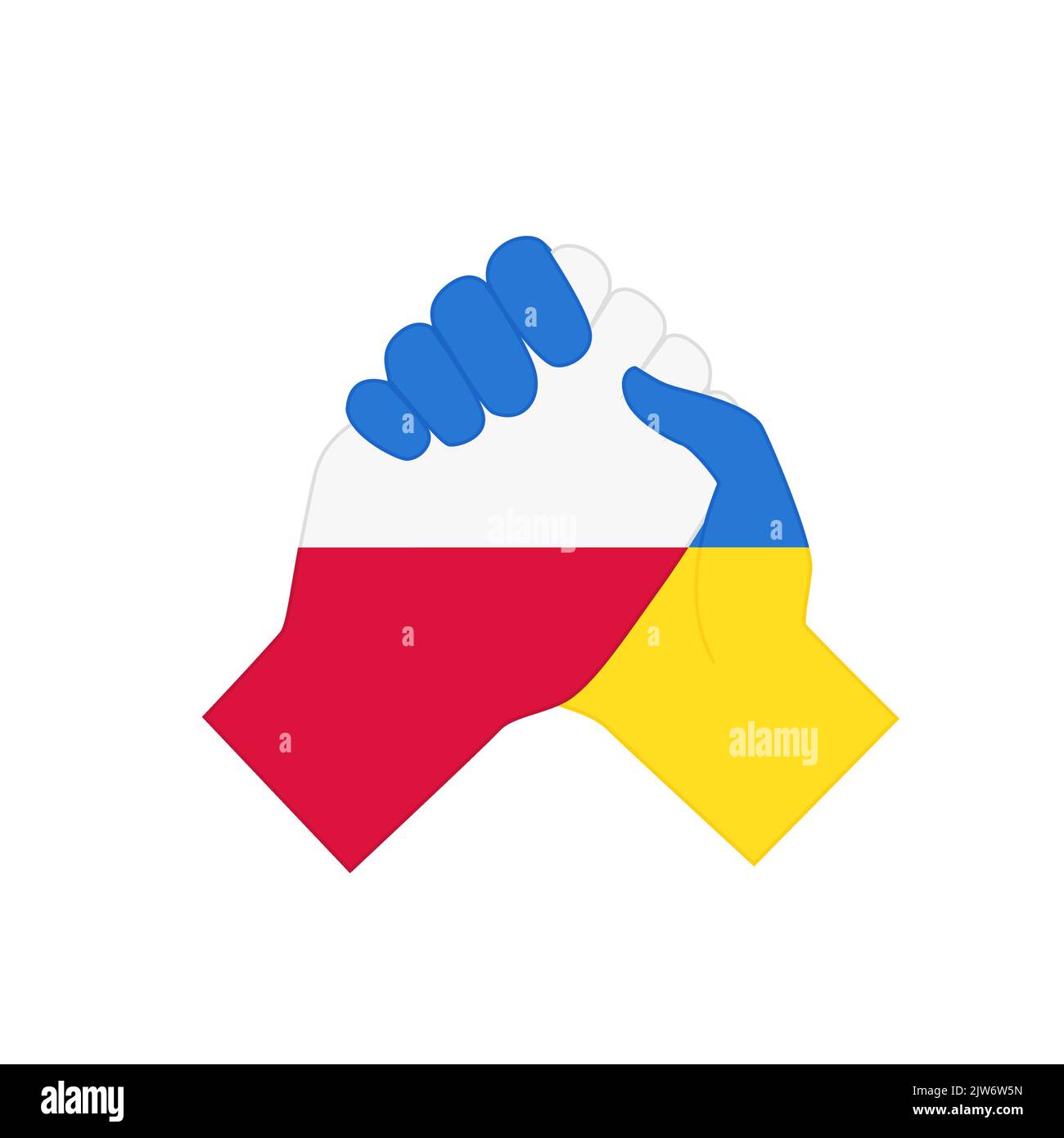 Partner-Handschlag mit Flaggen der Ukraine und Polens. Unterstützung, Hilfe, Freundschaft und Partnerschaft zwischen den Ländern, Symbol der Einheit der Amerikaner und Ukrainer flache Vektor-Illustration Stock Vektor