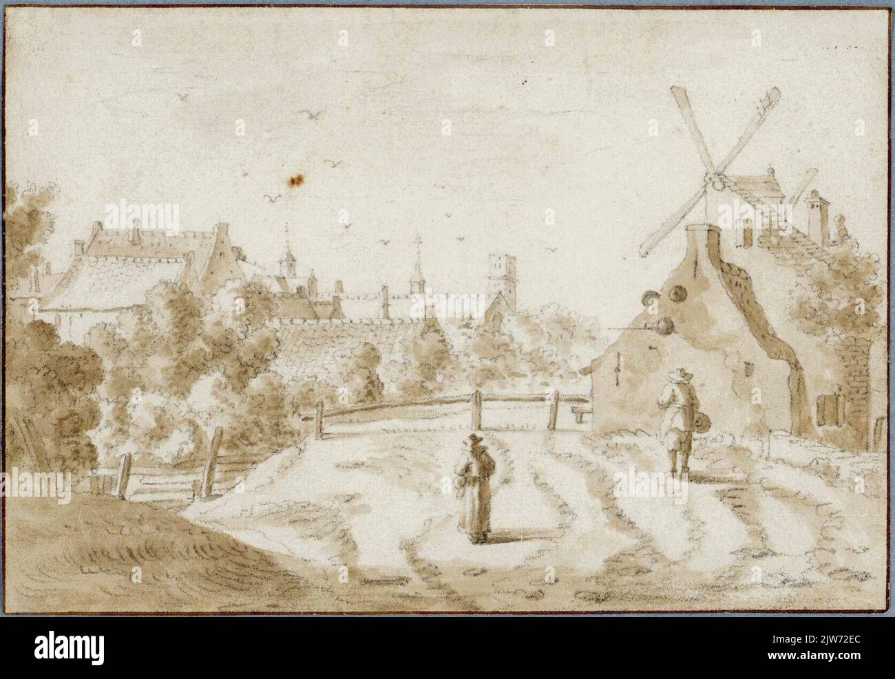 Blick auf das Ufer in Utrecht nördlich des Catharijnepoort von Nordwesten, mit einem Waltoren auf der rechten Seite, hinter dem die Dochte der Mühle Fortuin und ein Teil des Catharijnepoort zu sehen sind, und das Mariakerk auf der linken Seite im Hintergrund. Stockfoto