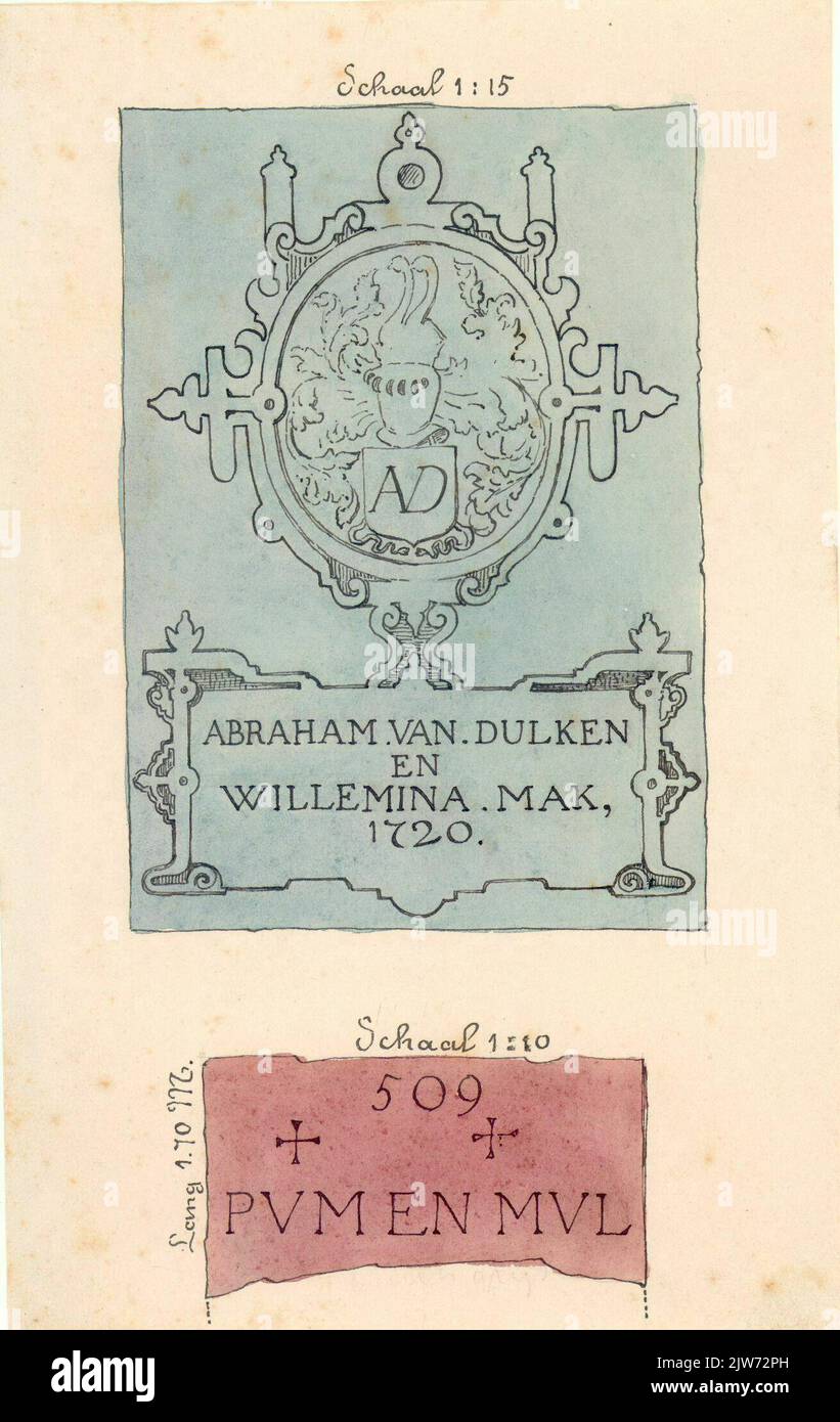 Bild von zwei Grabsteinen in der Jacobikerk in Utrecht, einer mit den Namen Abraham van Dulken und Willemina Mak und dem Jahr 1720 und einem Stein mit einigen Buchstaben (no L 509, S. Stockfoto