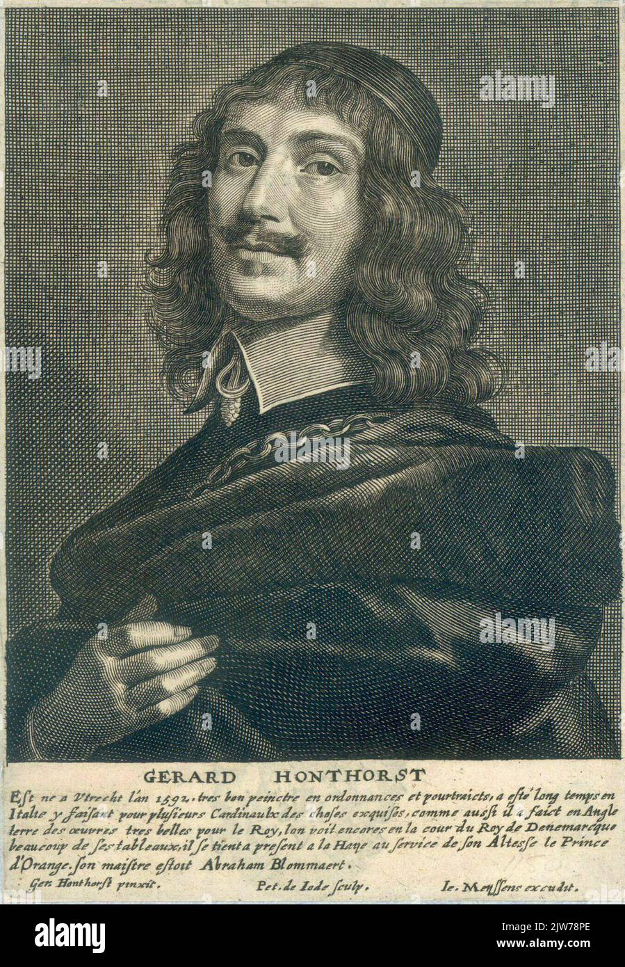 Gerard Honthorst / East nicht im Jahr 1592. Sehr gute peincre in Verordnungen und Pourths, war lange Zeit in / Italien tun es für mehrere Kardinalauxx exquisite Dinge, wie auch er in Ecke / Erde sehr schöne Werke für von Roy gemacht, können wir im königlichen Hof von Denemarcque / viele seiner Gemälde zu sehen, Er steht jetzt in Den Haag im Dienste seiner Hoheit, des Fürsten von Orenge. Sein Meister war Abraham Blomert. Stockfoto