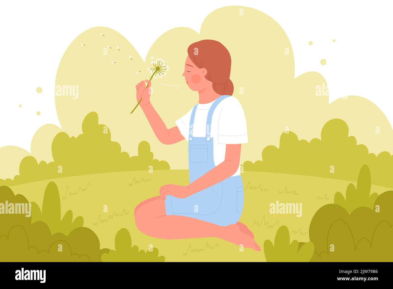 Mädchen weht Dandelion Vektor Illustration. Cartoon niedliche weibliche Figur sitzt auf Frühlingsgrün Gras mit Blume in den Händen, Dandelion Samen fliegen im Wind. Aspirationen, Phantasie, Schönheitskonzept Stock Vektor