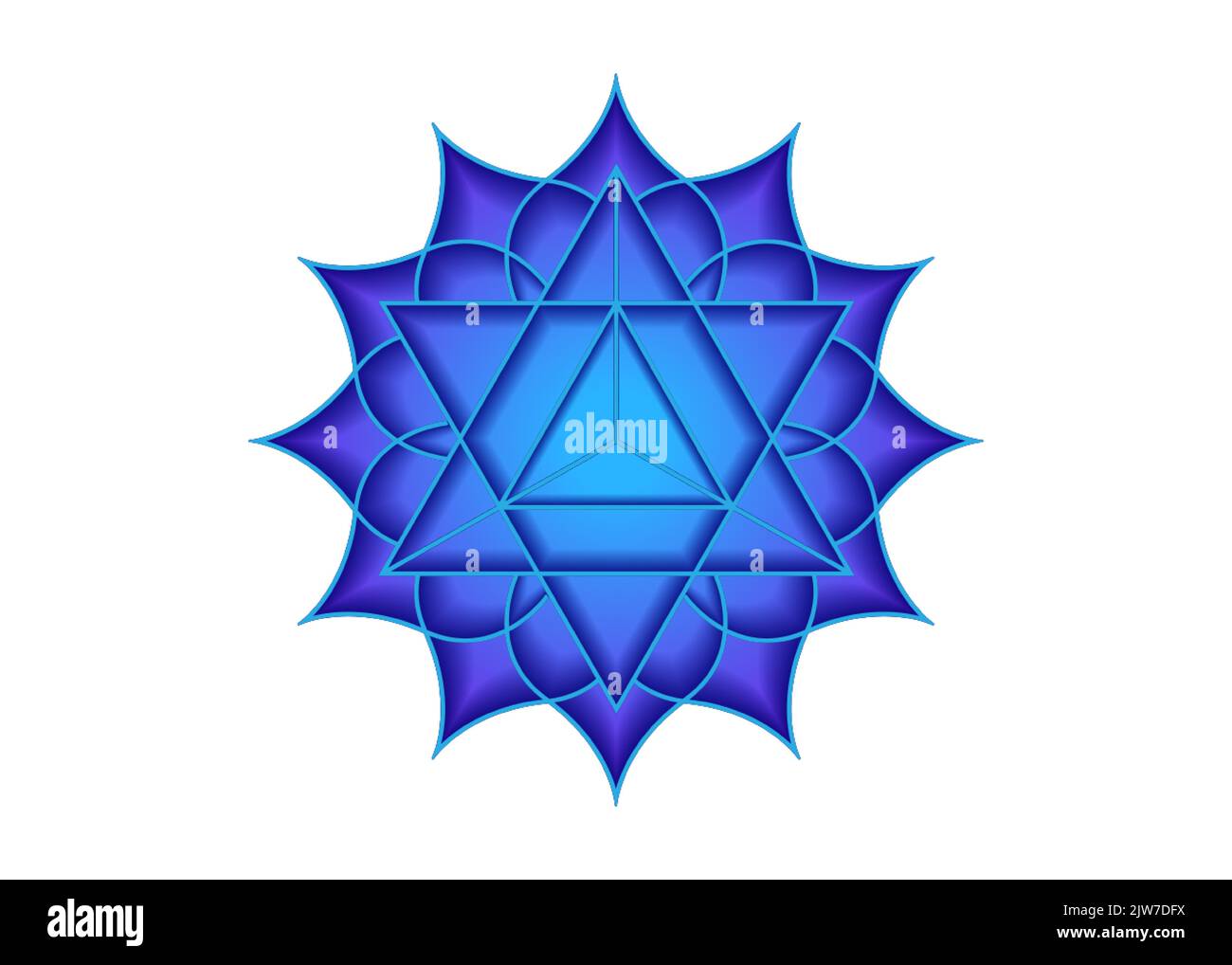 Heilige Geometrie, mystisches Symbol der Merkabah, fünftes Kehlchakra, Lotusblume in blauer Farbe, magisches Logo geometrisches Mandala-Design, isoliert Stock Vektor