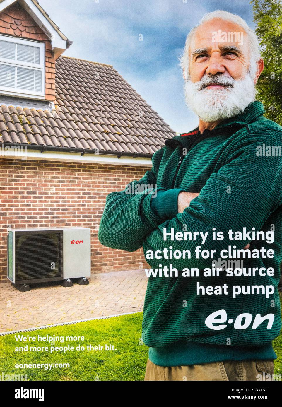 Werbung für den Energiekonzern Eon oder E.ON, die den Einsatz von Luftwärmepumpen fördern. Stockfoto
