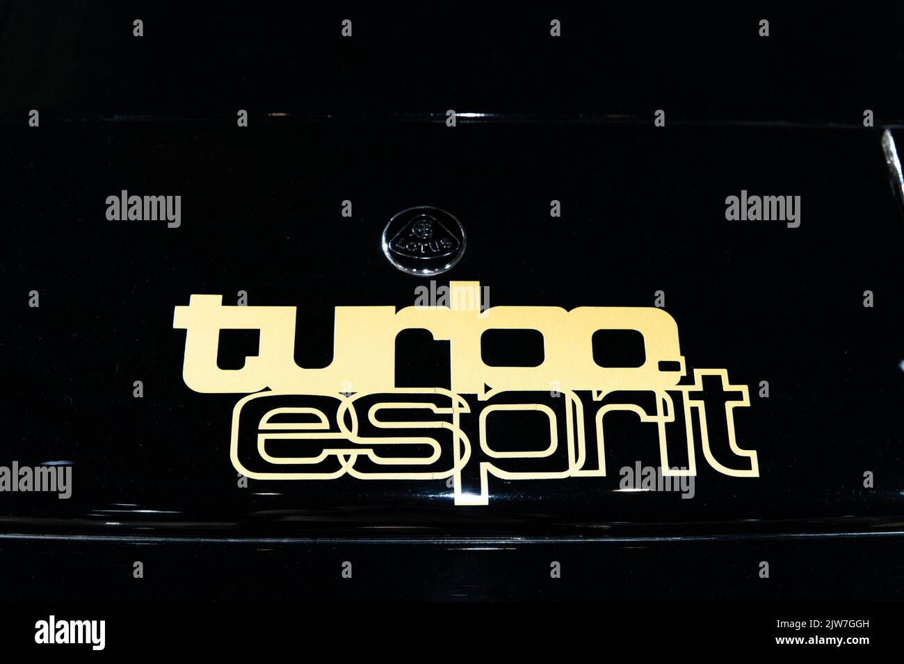Lotus Esprit Turbo-Emblem auf der schwarzen Motorhaube des Sportwagens Stockfoto