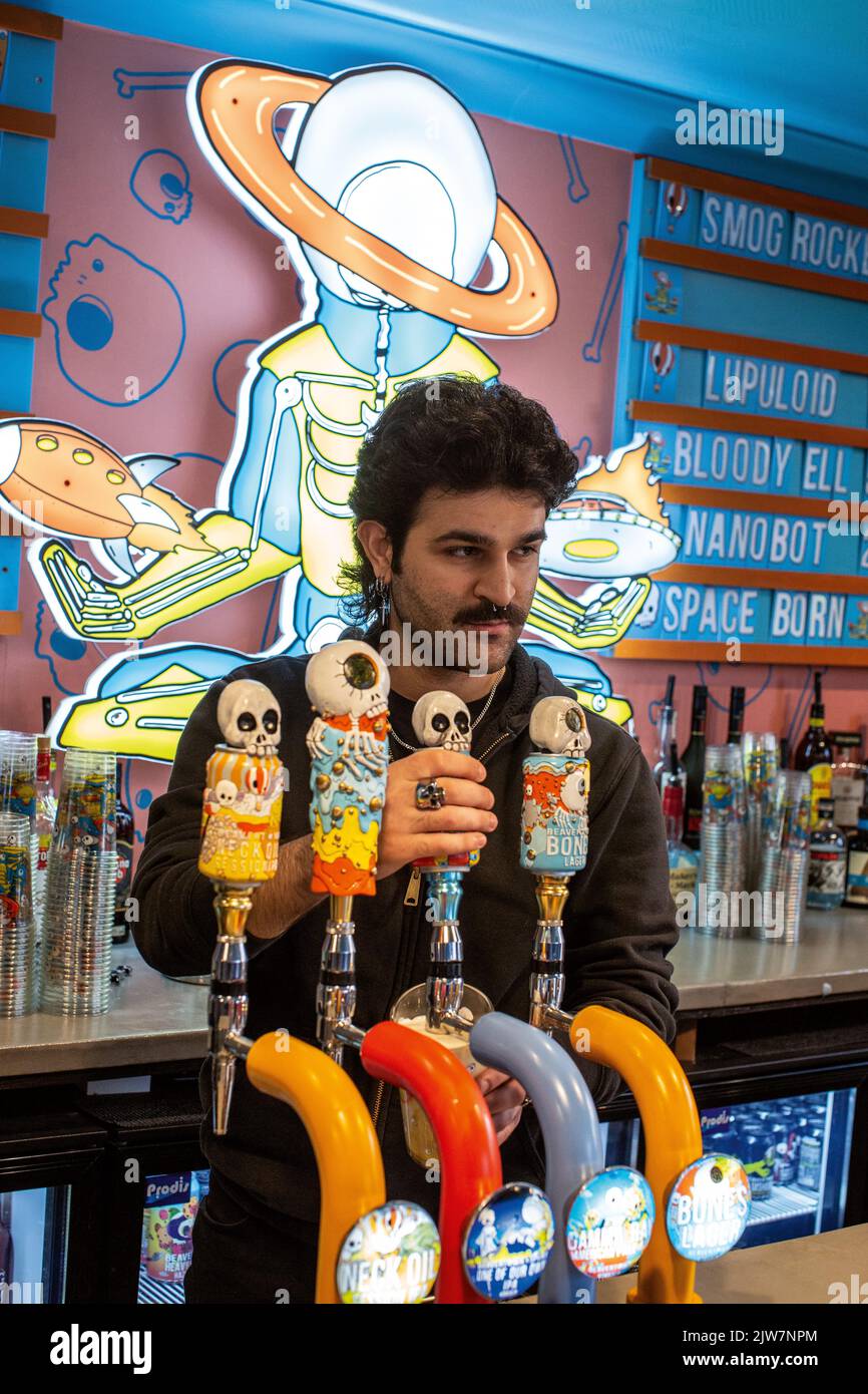 Der Barkeeper zieht im Corner Pin Pub in Tottenham, Großbritannien, ein Pint Bier ins Glas Stockfoto