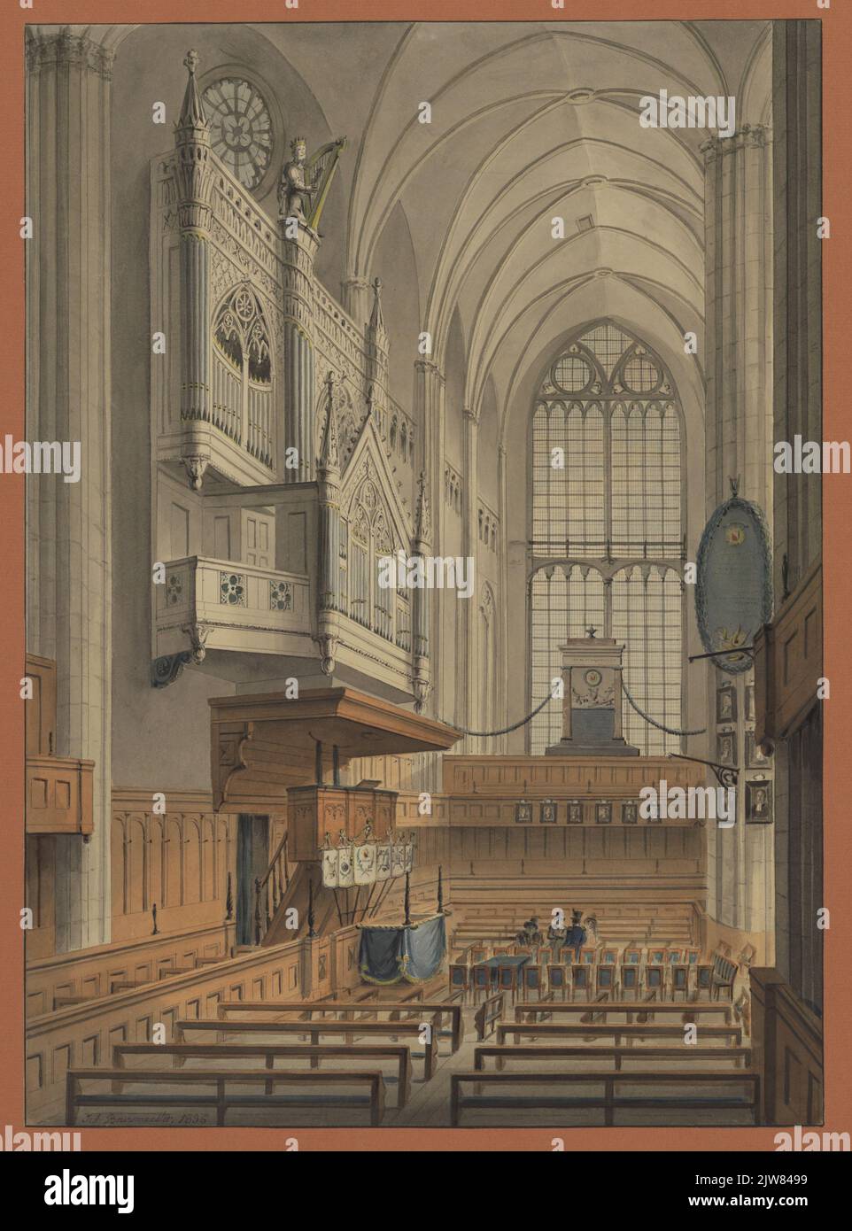 Innenraum der Domkerk in Utrecht von Süden: Blick vom Zuidertransept im nördlichen Querschiff der Kirche, die zur Feier des Festivals des zweiten Jahrhunderts der Fachhochschule eingerichtet ist, mit der großen Orgel an der Westwand auf der linken Seite. Stockfoto