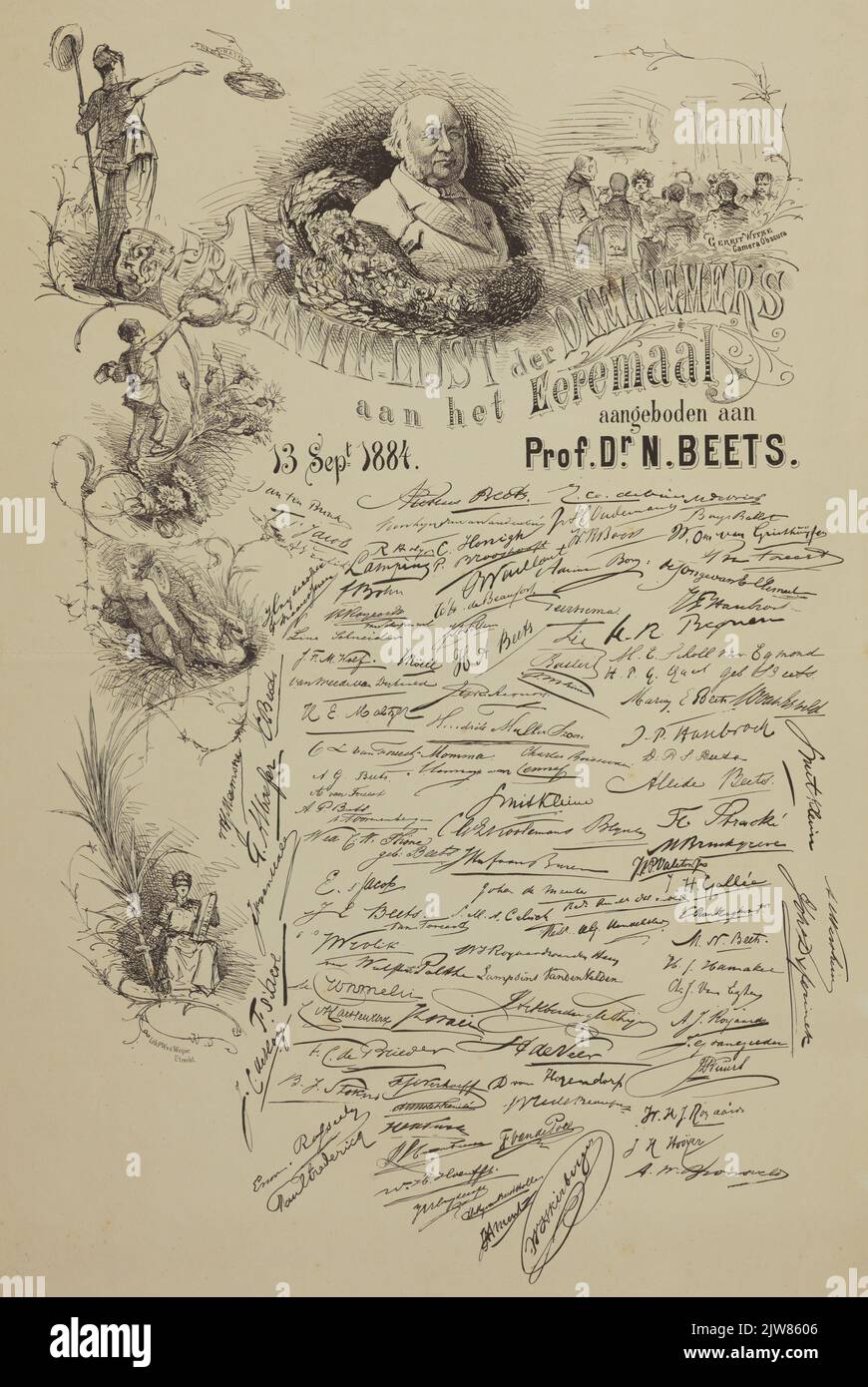Presentie Liste der Teilnehmer / an das Eeartal / angeboten an / Prof. dr.. Dr. N. Beets. / 13. September 1884. Stockfoto