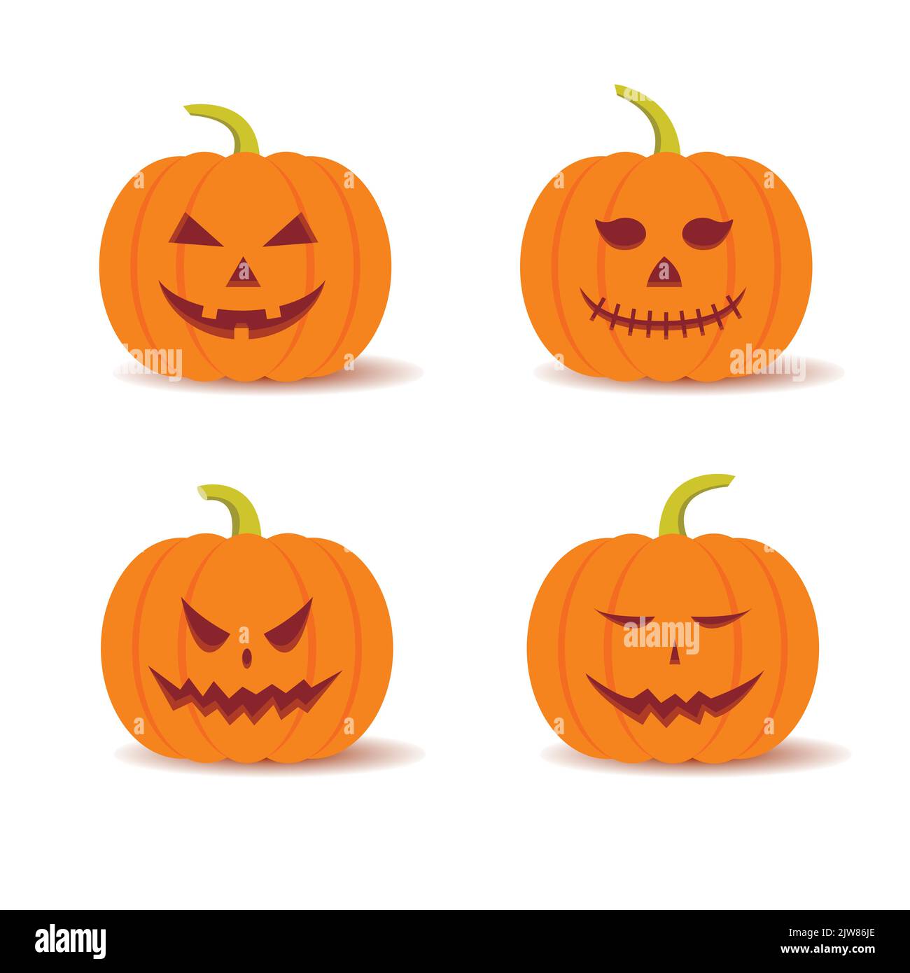 Eine Reihe von Vektorbildern von Kürbissen mit geschnitzten Gesichtselementen. Elemente für Halloween. Flache Vektorgrafik. Stock Vektor