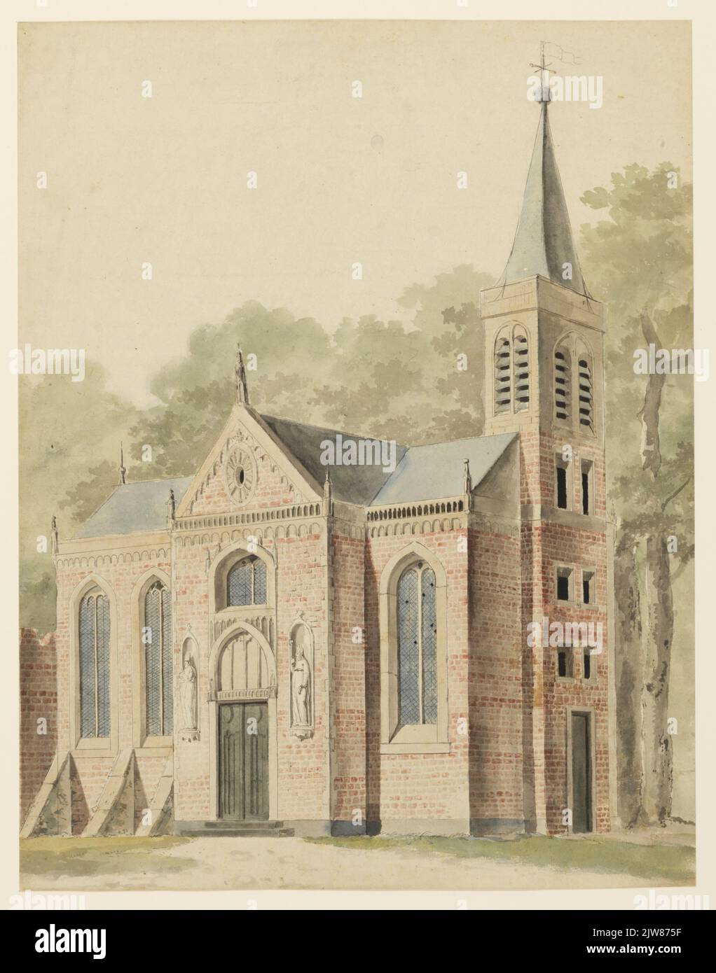 Aufstand der Nord- und Westfassade der Niederländischen Reformierten Kirche (1. Dorsstraat 1) in Zeist, umgebaut nach einem unausgeführten Plan, um das Gebäude mit Bildern und dem Abriss des Chores zu schmücken. Stockfoto