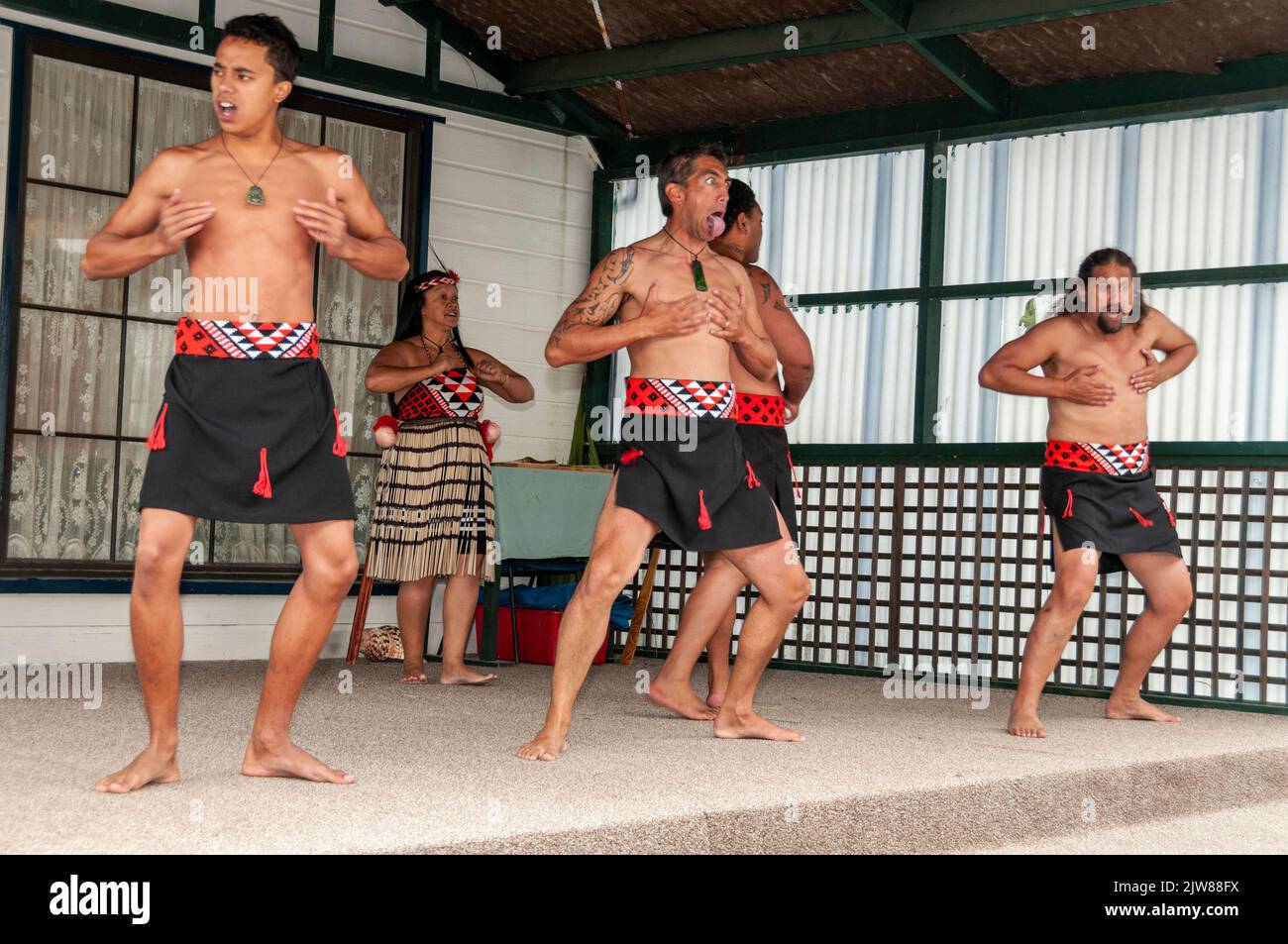 Maori-Tänzer in ihrem traditionellen Tanzkleid bei einem kulturellen Tanzkonzert mit dem Haka für Besucher, die das einzige Leben Neuseelands besuchen Stockfoto