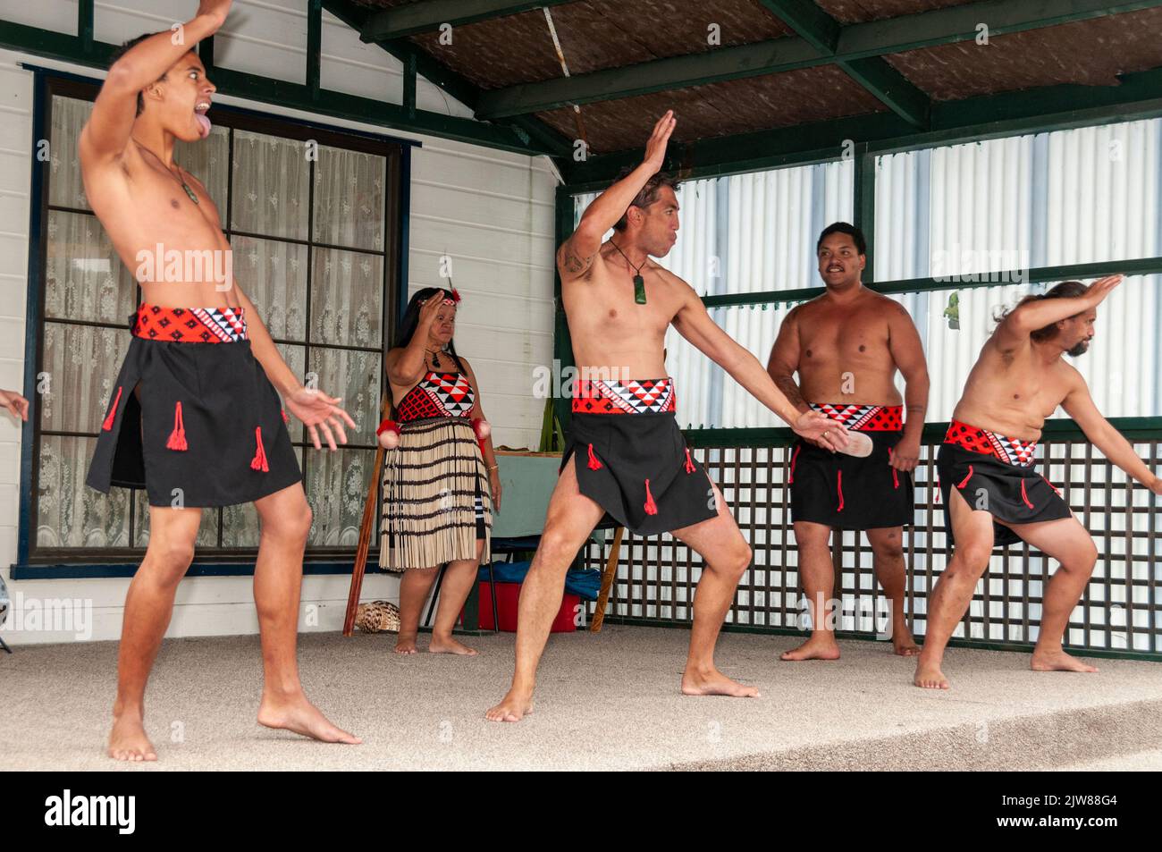 Maori-Tänzer in ihrem traditionellen Tanzkleid bei einem kulturellen Tanzkonzert mit dem Haka für Besucher, die das einzige Leben Neuseelands besuchen Stockfoto