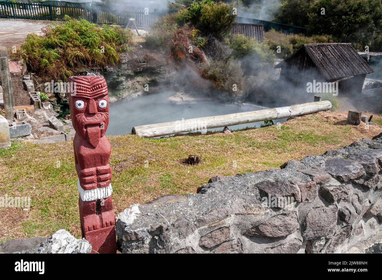 In der geothermischen Whakarewarewa in Rotorua in der Umgebung befindet sich ein Paar Maori-Götter an einem der Dampfbäder von Neuseelands einmaltem lebenden Maori-Dorf Stockfoto