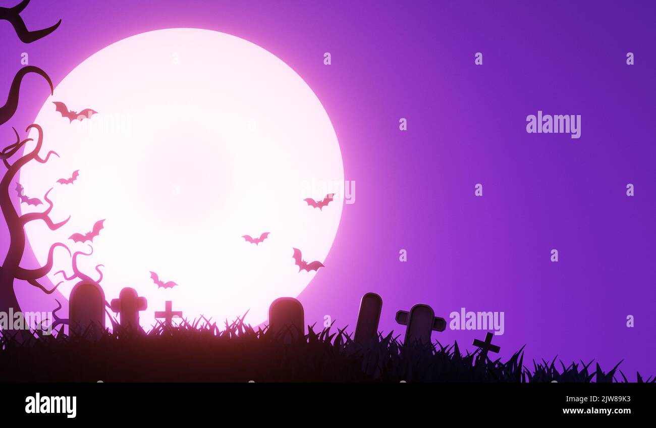 Nacht, Vollmond und Fledermäuse, Banner. Bunte gruselige Halloween 3D Illustration. Stockfoto