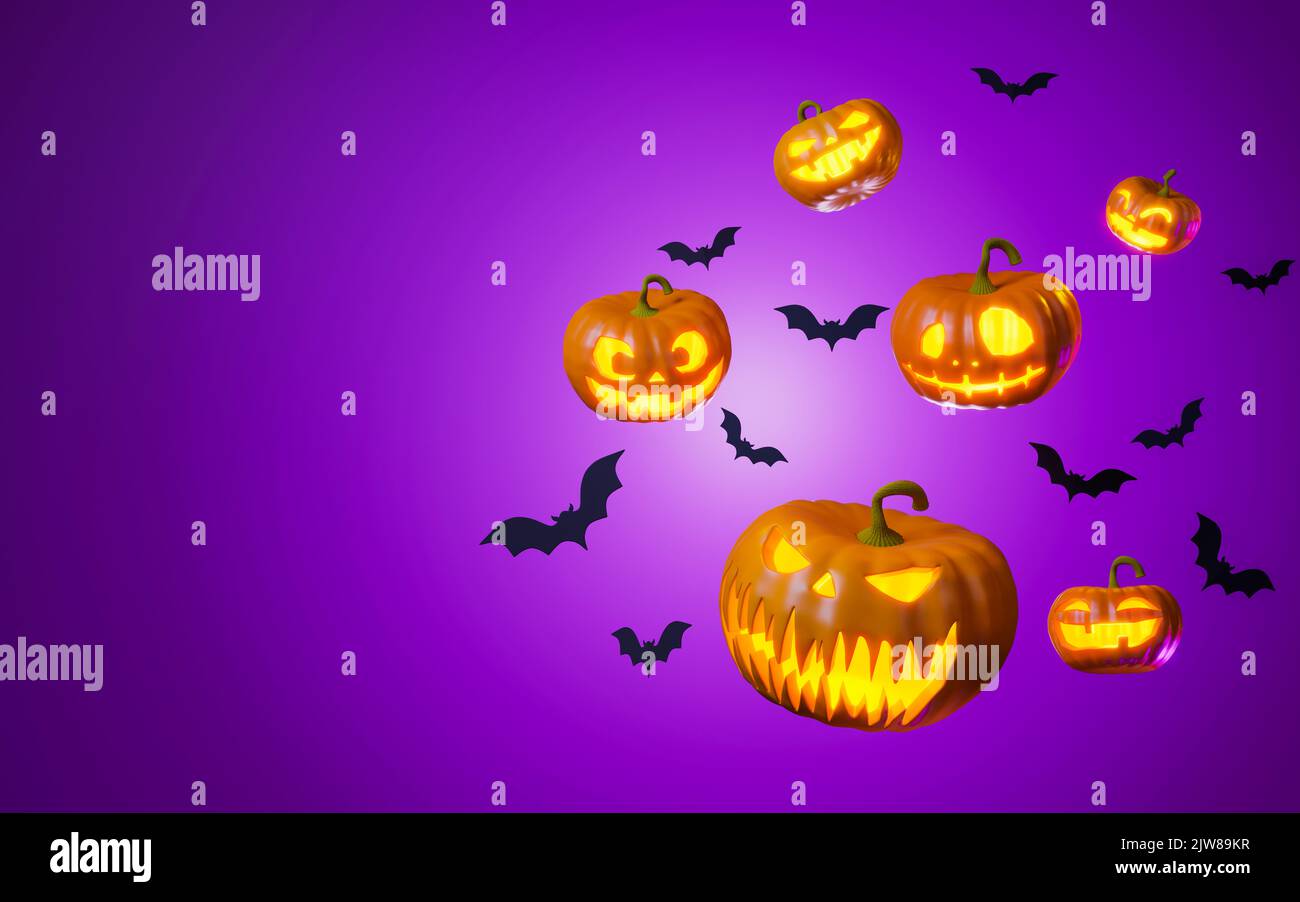 Halloween Jack O'Lantern Kürbis und Fledermäuse. 3D Abbildung Stockfoto