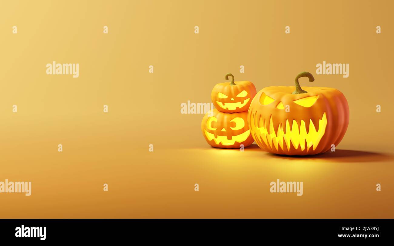Drei halloween Jack O' Lantern Kürbisse. 3D Abbildung Stockfoto