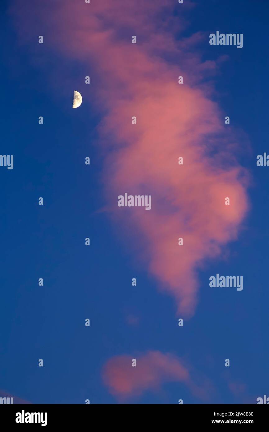 Halbmond zwischen rosa Wolken am blauen Himmel in Südspanien im Sommer Stockfoto