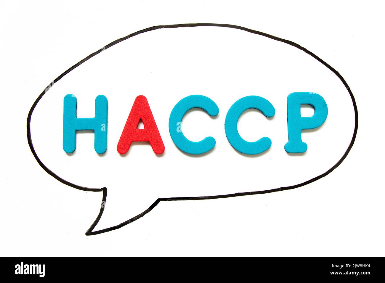 Buchstabenbuchstabe mit dem Wort HACCP (Hazard Analysis Critical Control Points) in schwarzer Linienhandzeichnung als Blasenrede auf Whiteboard-Hintergrund Stockfoto