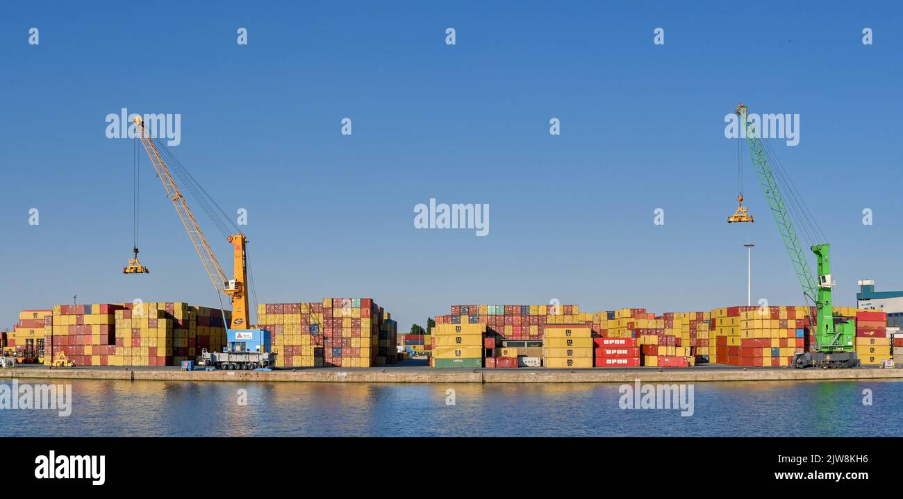 Antwerpen, Belgien - 2022. August: Panoramablick auf Kraniche am Hafen in den Docks der Stadt mit einer Reihe von Schiffscontainern Stockfoto