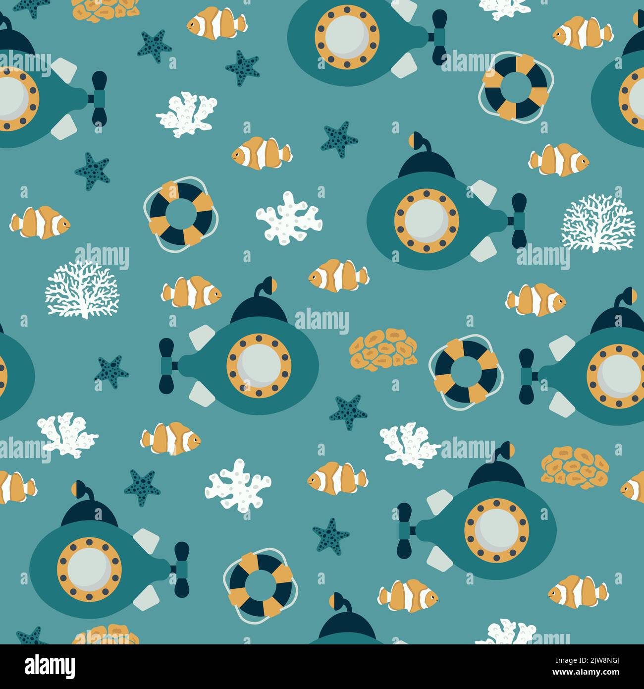 Vektor nahtlose Muster mit U-Boot, Rettungsring, Clown Fisch, Algen, Seesterne.Unterwasser Cartoon Kreaturen.Marine Hintergrund.Süße Ozean-Muster für Stock Vektor