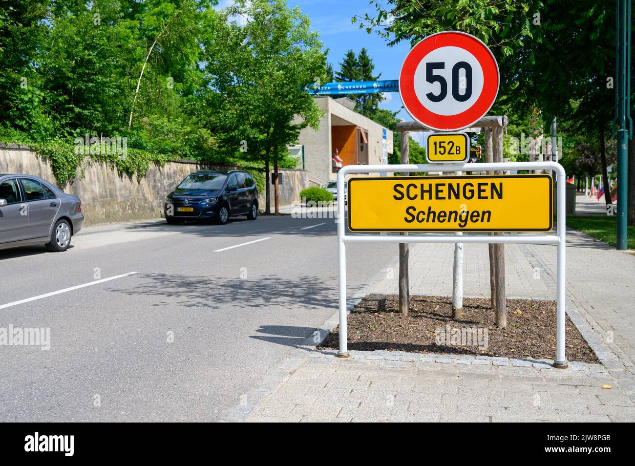 Schengen, Luxemburg, die Stadt, in der das berühmte Schengen-Abkommen am 14. Juni 1985 unterzeichnet wurde. Stockfoto