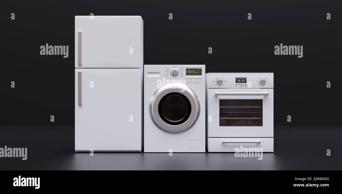 Haushaltsgeräte. Kühlschrank, Gasherd, Backofen und Waschmaschine. Haushaltsgeräte, weiße Farbe auf schwarzem Boden und Wand, Vorderansicht. 3D Rendern Stockfoto