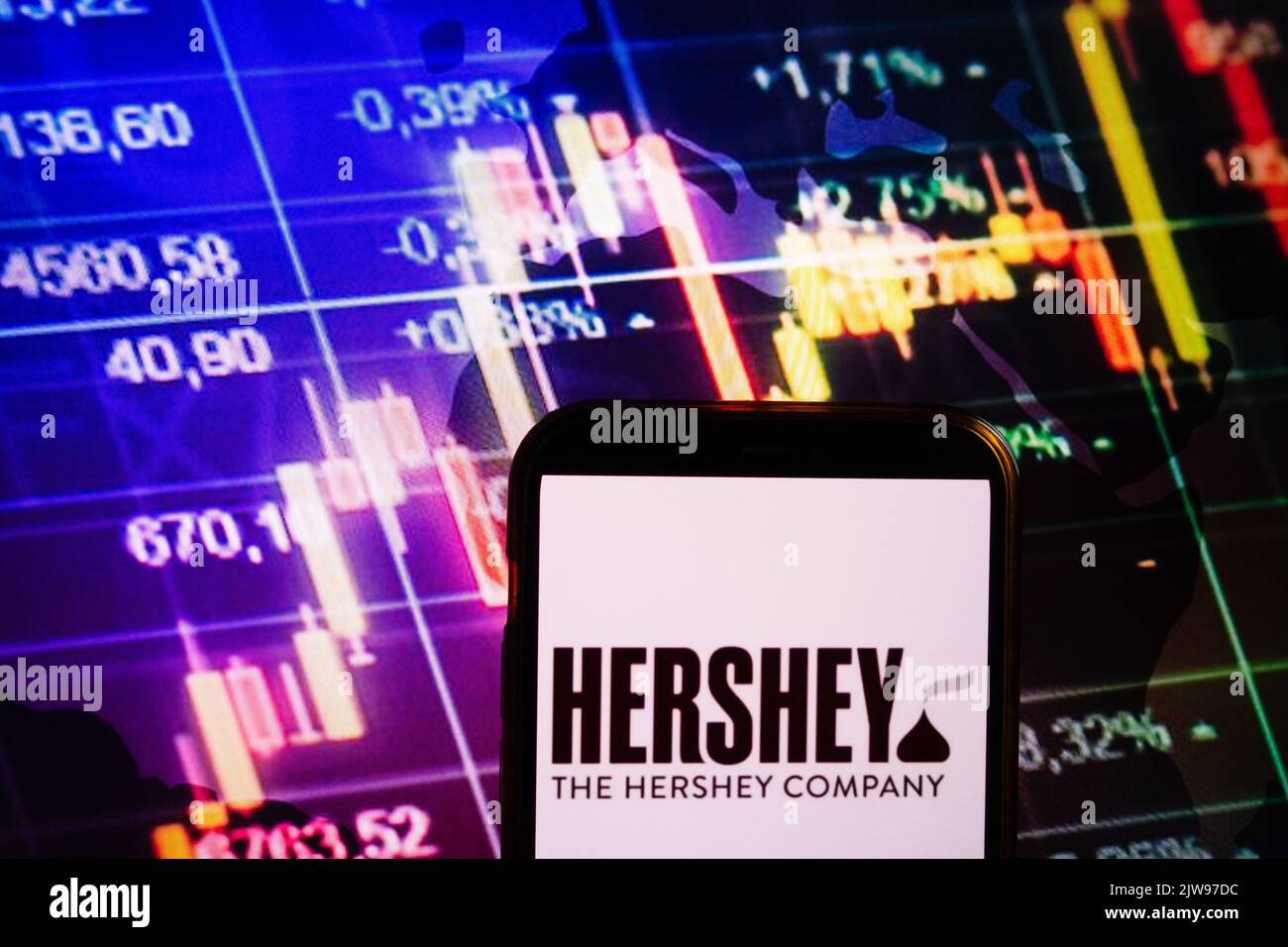 KONSKIE, POLEN - 30. August 2022: Smartphone mit Logo der Firma Hershey auf dem Hintergrund des Börsendiagramms Stockfoto